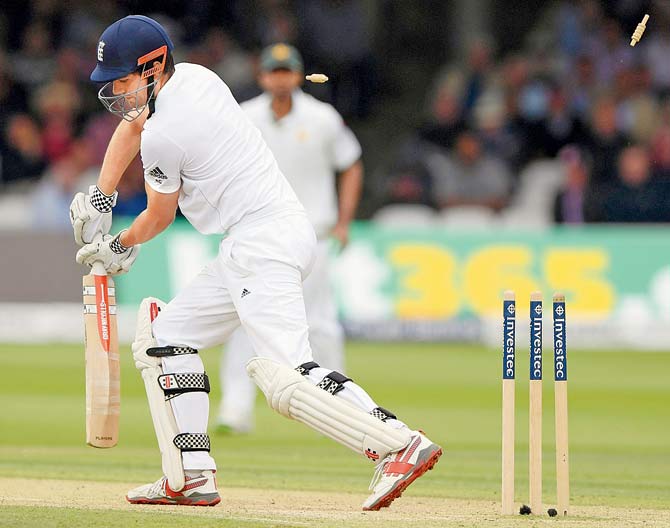 England skipper Alastair Cook is bowled by Pakistan’s Mohammad Amir for 81 at Lord’s Cricket Ground yesterday. PIC/Getty Images 