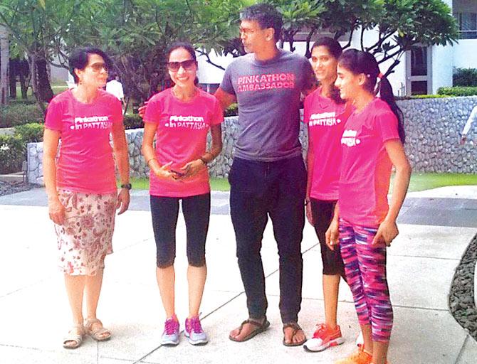 Milind Soman with the runners from India at Bangkok prior to the Pattaya marathon that begins tomorrow. Three of them are running the 21 km while one will be running the 10 km
