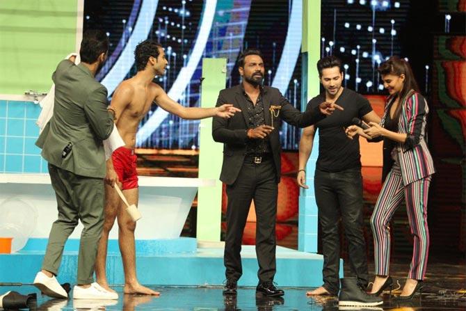 Star cast of film Dishoom Varun Dhawan and Jacqueline Fernandez on sets of reality dance show 