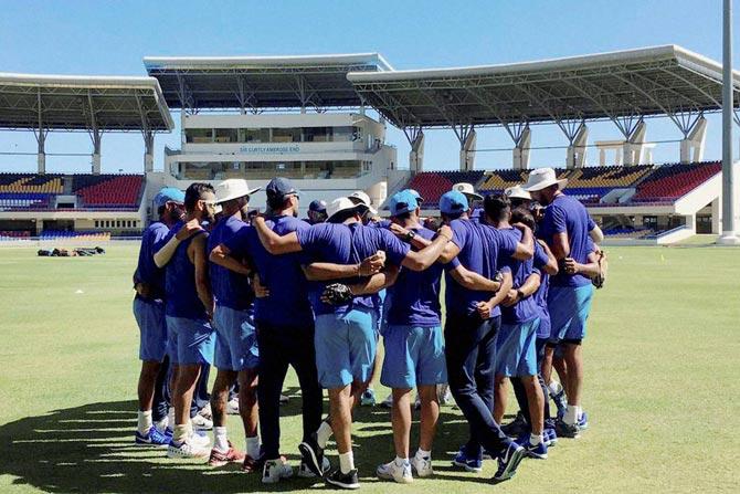 Indian cricket team players practice at Sir Vivian Richards Stadium in Antigua on Monday. PTI Photo