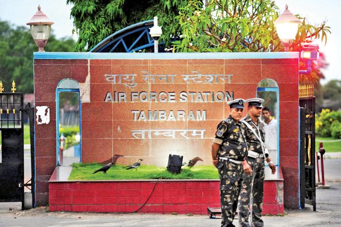 IAF personnel guard the Tambaram Airforce station yesterday. PIC/AFP