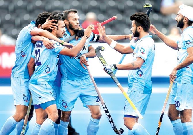 India players celebrate a goal vs Korea during the Champions Trophy in London last month. Pic/Getty Images