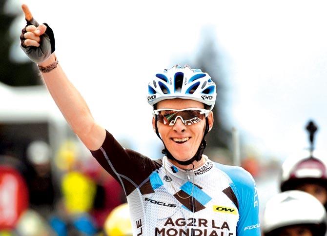 Romain Bardet celebrates after crossing the finish line. Pic/AFP