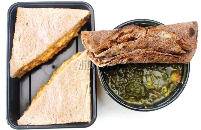 Chicken Sandwich and Spinach Chicken Vegetable with Nachni Roti. Pic/Prabhanjan Dhanu