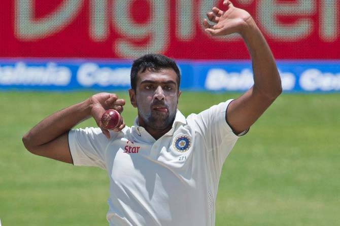 Ravichandran Ashwin bowls during day four of the Antigua Test against West Indies. Pic/ AFP