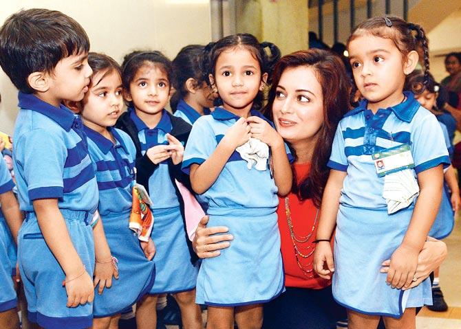 Dia Mirza at the launch of her film with school kids. Pic/Satej Shinde