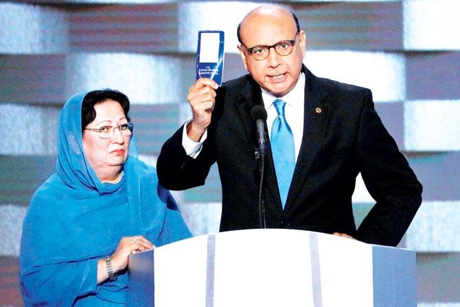Khizr Khan and his wife at the convention. Pic/AFP
