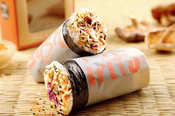 The sushirrito follows the principles of a sushi, with the filling being wrapped in a vinegared rice-layered nori sheet