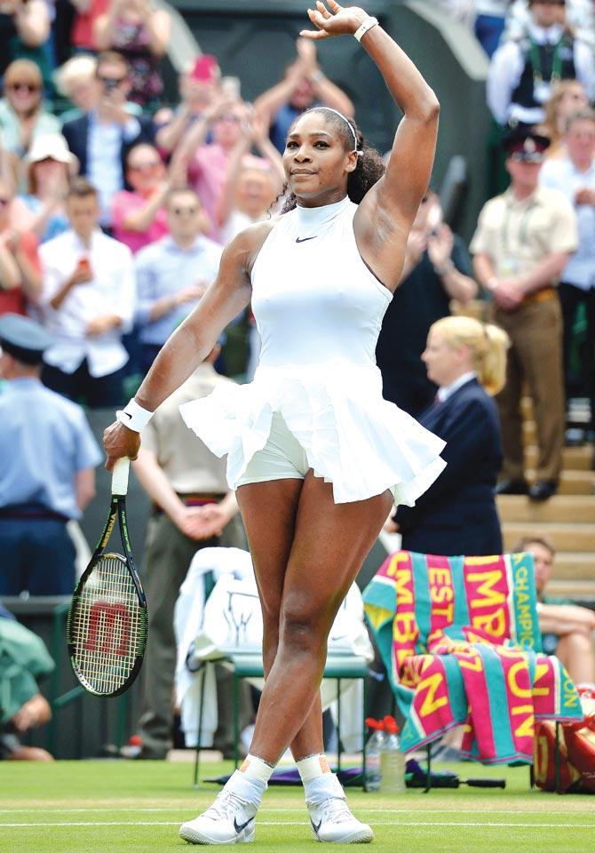 Serena Williams celebrates her win over Annika Beck on Day Seven of Wimbledon at the All England Lawn Tennis Club yesterday. Pic/AFP