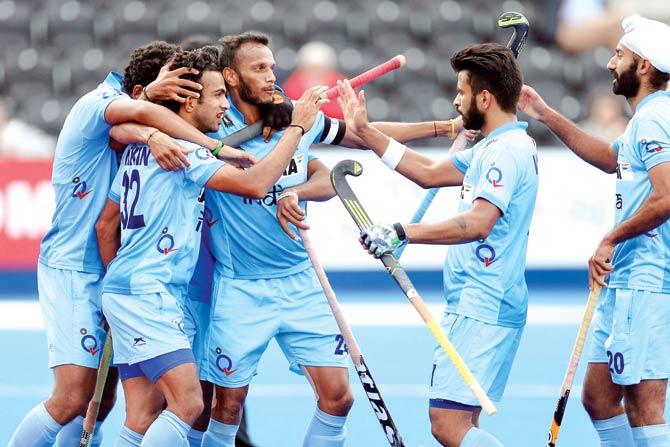Indian players celebrate a goal against Korea during the FIH Champions Trophy in London last month. Pic/Getty Images