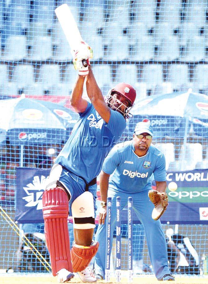 Big-hitter Chris Gayle bats in the nets at Wankhede on the eve of WI