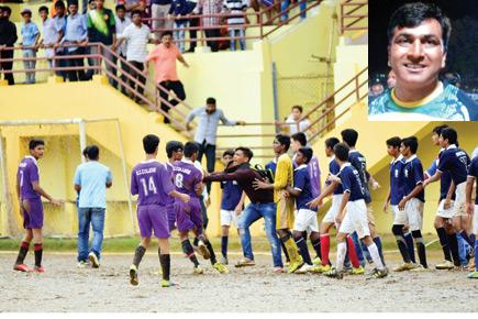 Players from KC College (left, in purple) and ANZA (right, in blue) indulge in a fight during their DSO U-17 football final at St Xavieru00c3u00a2u00c2u0080u00c2u0099s ground, Parel yesterday. 