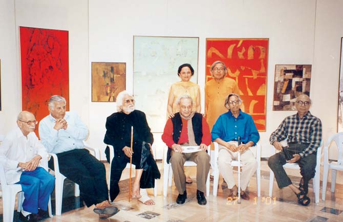A 2001 show at Tao Art Gallery, Worli, titled Ashtanayak brought together key figures from the Bombay Progressive Artists’ Group. Seen here, along with SH Raza (centre, in red) are (from left to right) art patron Jehangir Nicholson, Krishen Khanna, MF Husain, Tyeb Mehta, Bal Chabda, (centre, standing) poet Ashok Vajpayee and Tao Art’s gallerist Kalpana Shah. Pic/Tao Art Gallery