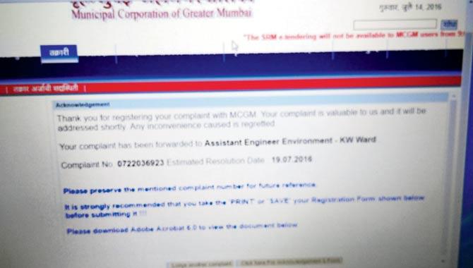 The online complaint lodged by the ONGC to which the BMC replied that the issue would be resolved by June 19 (circled)