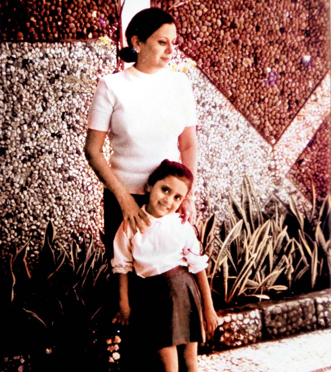 Esther Malaney with daughter Pia on the mosaic and vitreous tile-encrusted terrace of Kismet in 4th Pasta Lane, 1971. The 1920s building was erected brick by brick under the supervision of Goolbai, Dr Sohrabji Cama’s wife. This Chippendale-furnished apartment was designed by Vina Mody of the firm Mody & Colgan (Vina Colgan married architect and Swatantra Party founder Piloo Mody)