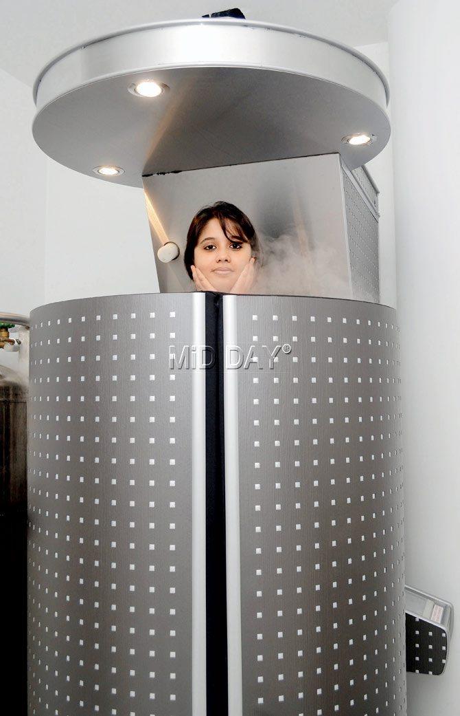 The writer during the three-minute Full body Cryo Therapy session in the Cryo Chamber. 