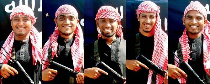 Pictures of five men, allegedly the gunmen who carried out an attack in Bangladesh capital Dhaka on July 1, 2016 during which 20 hostages were slaughtered at the Holey Artisan Bakery cafe. In this, they are posing with rifles in front of a flag of the Islamic State jihadist group at an undisclosed location. Pics/AFP