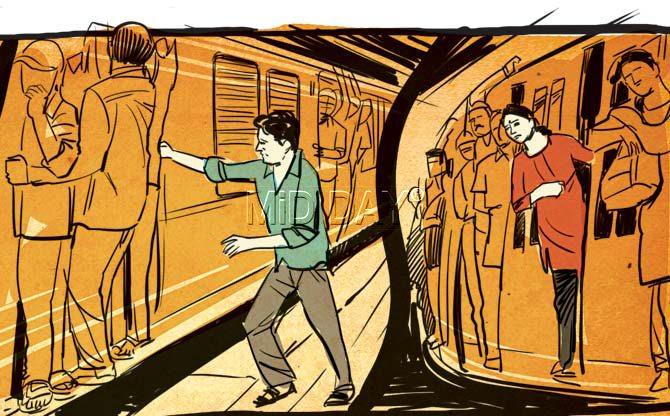 Ramesh notices that Geetanjali is suspiciously eyeing his movements. He stands on the platform as three trains go by. Then, when a fourth one comes along, he panics and rushes to board it. Geetanjali boards the same train as well
