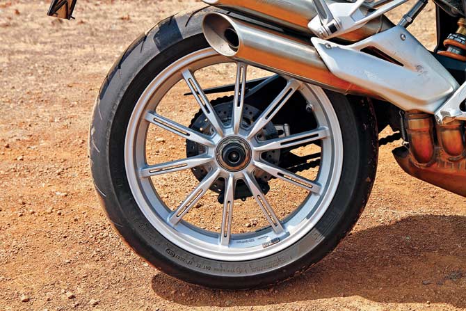 The single-sided swingarm and gorgeous wheels are standouts. Pics/Sanjay Raikar