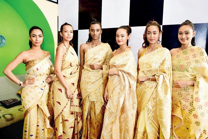 Semi finalists dressed by local designers in the traditional Mekhla Chador at LFW Guwahati Model Auditions