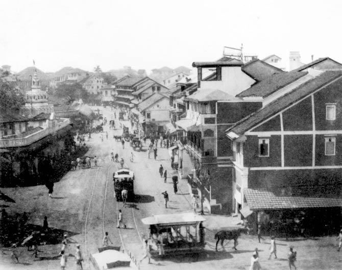 Mumbadevi Street, photographed by Raja Deen Dayal in the late 1880s, derived its name from the temple of the goddess Mumbadevi