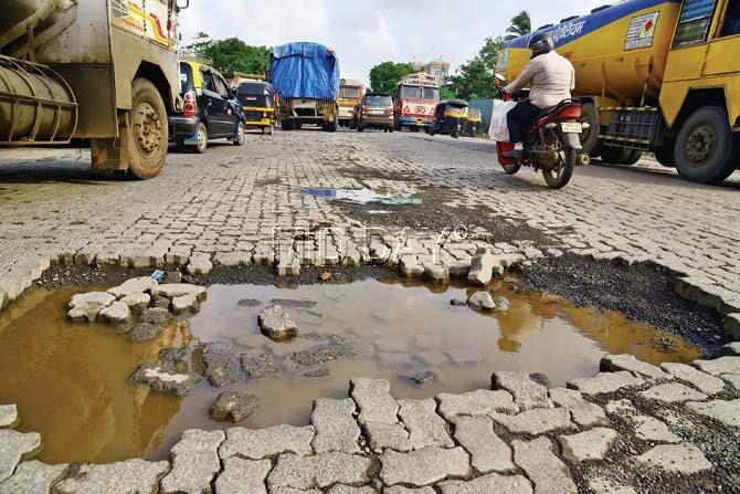 Paver block potholes on Anik Road in Wadala. Pics/Atul Kamble