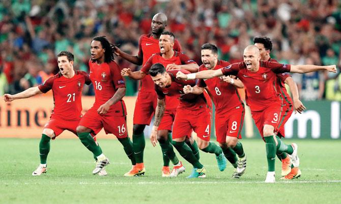 Portugal players celebrate after beating Poland 5-3 via tie-breaker in the Euro 2016 quarter-finals at the Stade Velodrome in Marseille on Thursday. Pic/AFP