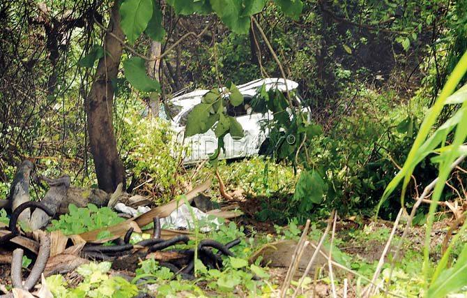 Their SUV dropped down 25 ft and landed in a densely forested area. Pics/Datta Kumbhar