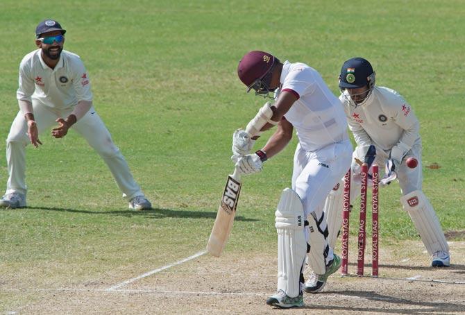 West Indies cricketer Shannon Gabriel misses the ball during day four. 