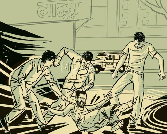 The youths begin to assault a laundry shop owner asleep on a bench in Dadar. Illustrations/Uday Mohite