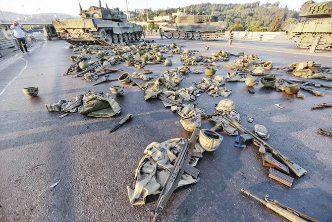 Uniforms and weapons of soldiers involved in the coup attempt abandoned on Bosphorus bridge. Pic/Getty Images