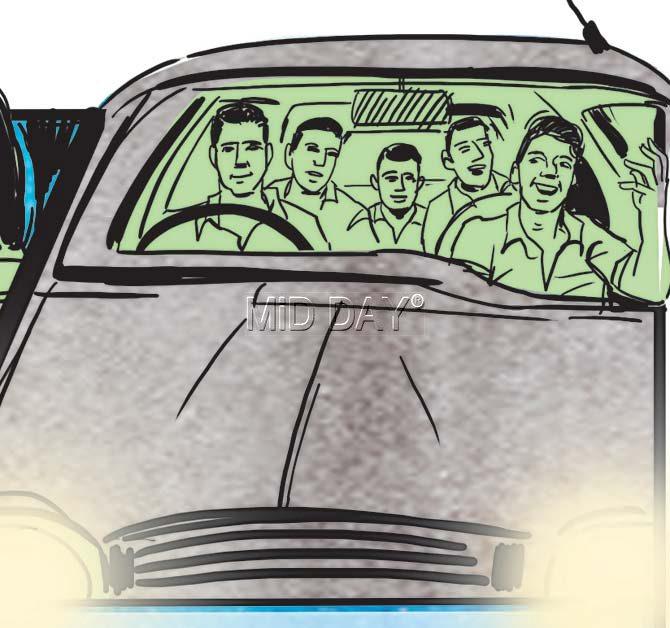 Once outside, the four men ask him to join them for a drive in a luxury car. Again, he agrees