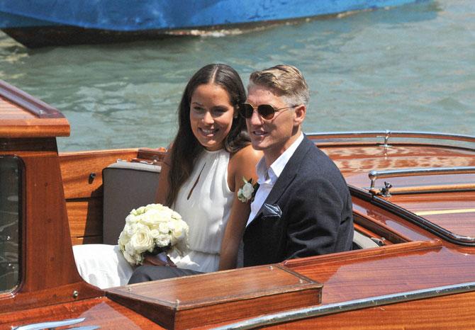 Bastian Schweinsteiger and Ana Ivanovic in a boat after the wedding