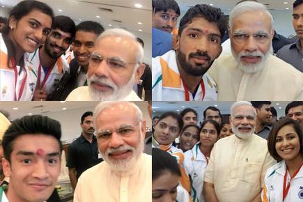 Indian athletes in selfie mode with Narendra Modi before Rio 2016
