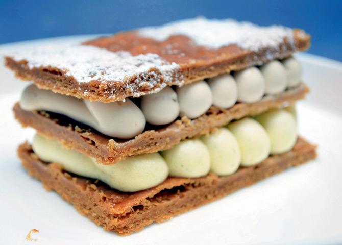 Chef Khan has reinvented the mille feuille, a flaky pastry with vanilla or caramel cream, by giving it a softer base  