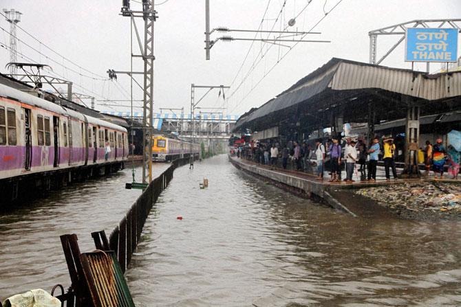 The flooded Thane Railway Station on Sunday