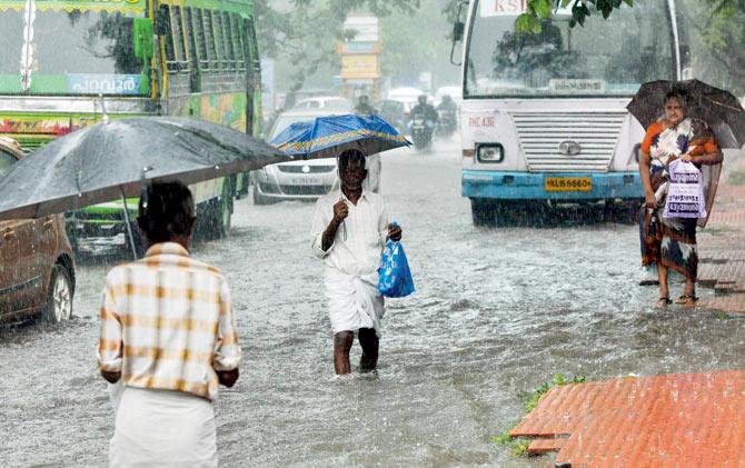 People wade through knee-deep water in Kochi after monsoon finally arrived in Kerala yesterday. Pic/PTI 