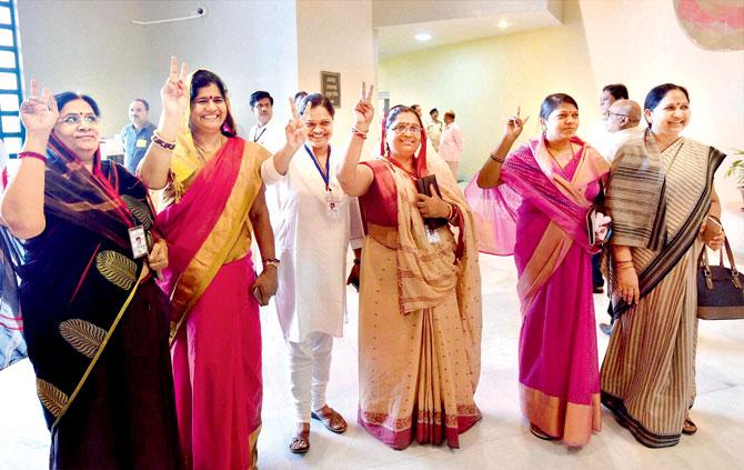 Women MLAs cast their vote for Rajya Sabha elections in Bhopal on Saturday. Pic/PTI 