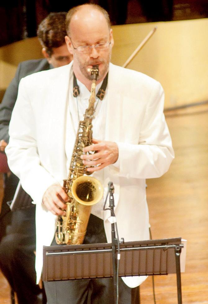 Saxophonist Greg Banaszak  at his last performance in  Mumbai with the Symphony Orchestra of India