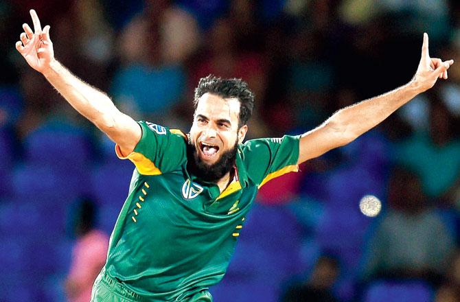 South Africa spinner Imran Tahir celebrates a West Indian wicket on Wednesday. Pic/AFP