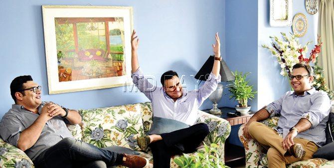Boman Irani (centre) with his sons Danesh (left) and Kayoze (right)  at their residence in Parsi Colony, Dadar. Pic/Shadab Khan