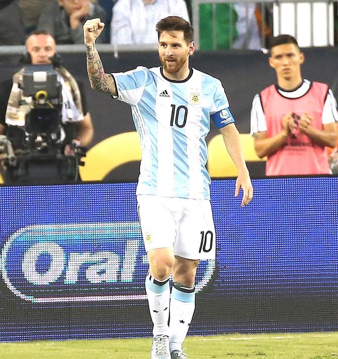 Lionel Messi of Argentina celebrates his goal in the second half during the 2016 Copa America Centenario quarterfinal match against Venezuela at Gillette Stadium. Pic/AFP