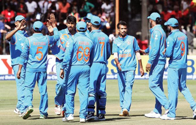 Indian players celebrate the wicket of Zimbabwean Tendai Chatara during the first ODI in Harare last week. PIC/AP, PTI