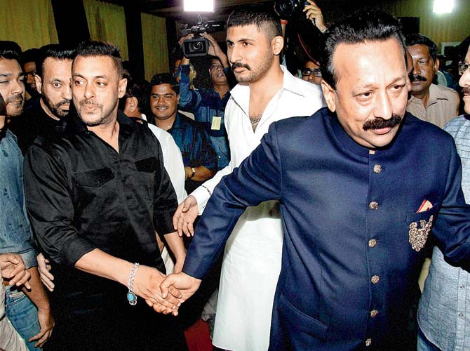 Salman Khan with Baba Siddique at the Iftar party. Pic/PTI