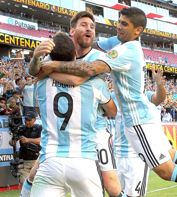 Gonzalo Higuain  of Argentina celebrates his goal with Lionel Messi. Pic/AFP