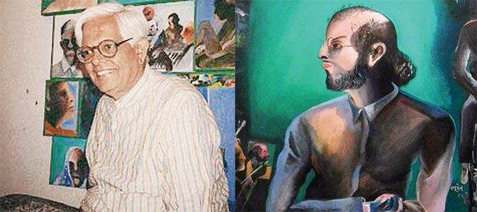 (L - R) Bhupen Khakhar and his portrait of Salman Rushdie
