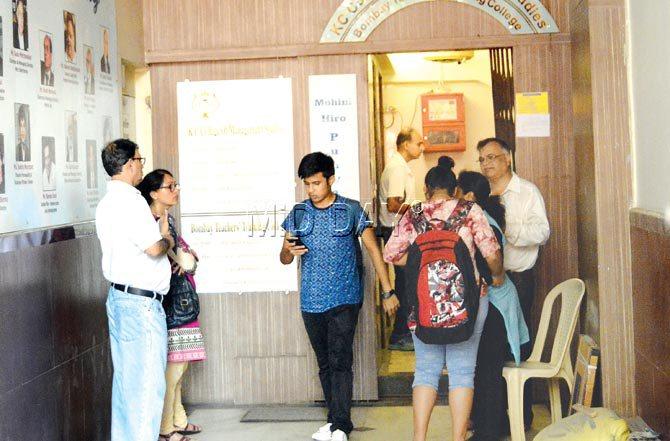 Students stepping out of the examination hall at Bombay Training College after appearing for the SAT examination on Saturday. Pic/Bipin Kokate