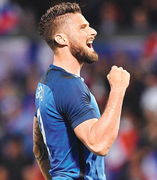 France forward Olivier Giroud celebrates after scoring against Scotland in an international friendly in Metz, France on Saturday. Pic/AFP