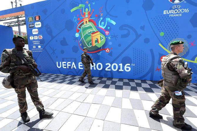 French soldiers patrol in the fan zone in Nice, southeastern France on June 8, 2016, two days before the start of the Euro 2016 football championship, to be held in France. Pic/AFP