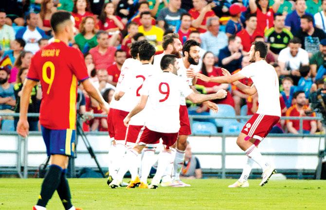 Georgian players celebrate a goal during their international friendly in Getafe, Spain on Tuesday. Pic/AFP